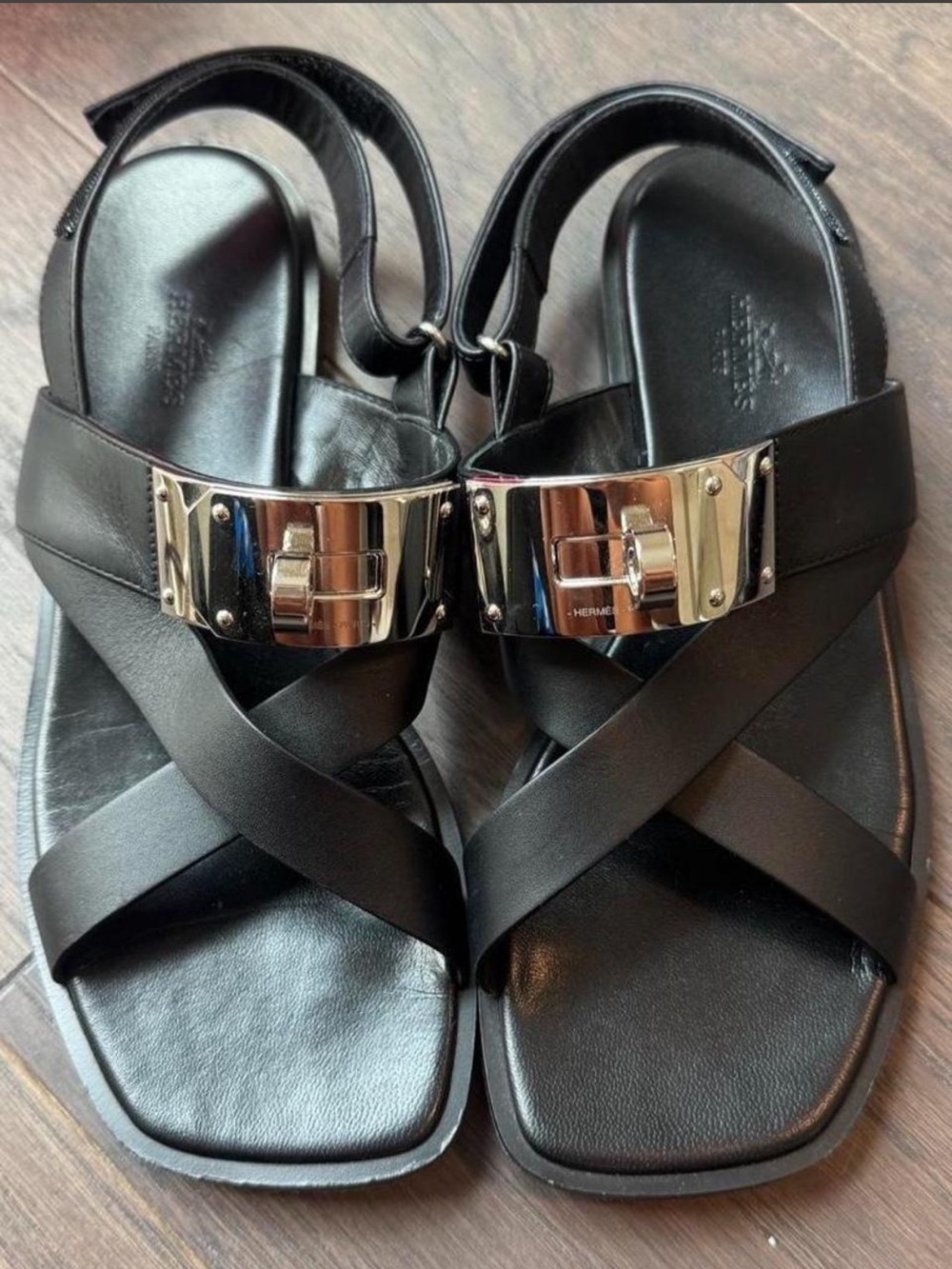 Hermes Ines Black Leather Sandals with Kelly Lock